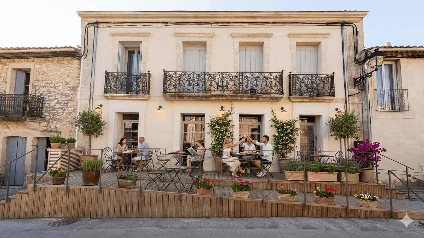 Terrasse lumineuse d'un bistrot de village au coucher du soleil